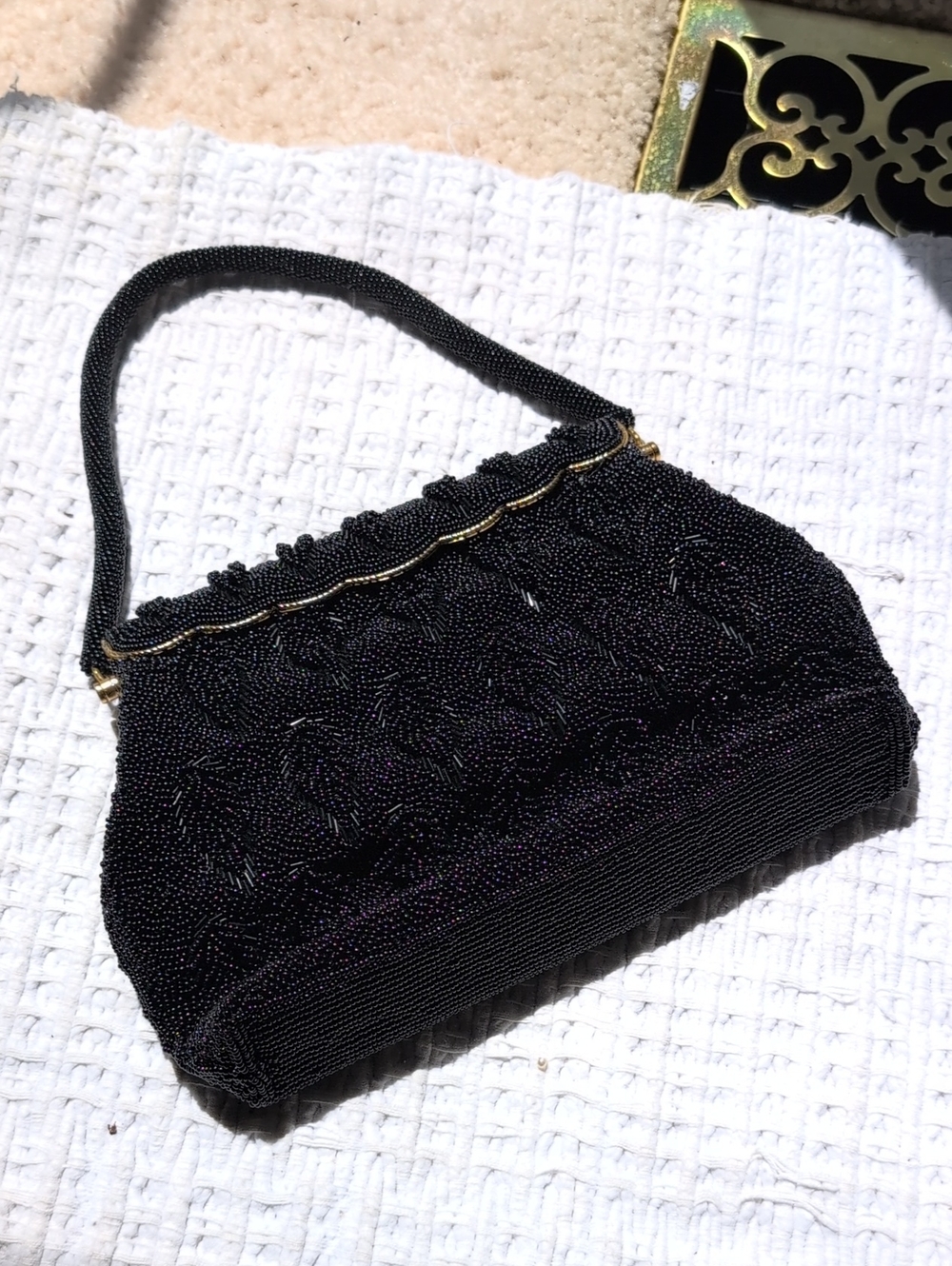 Black Beaded Evening Handbag, Metal Accents, Heavy Weight